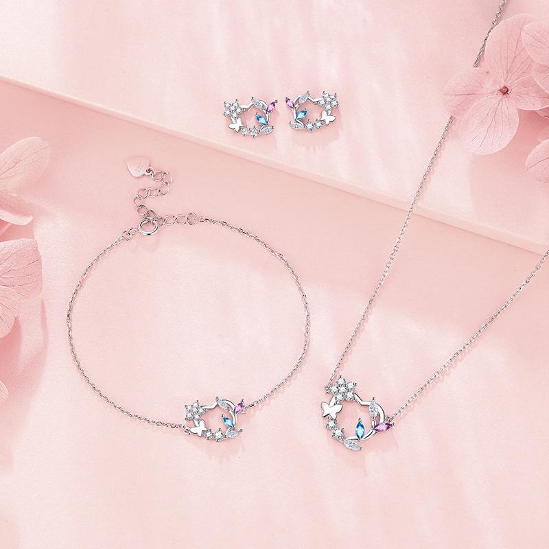 Original S925 Sterling Silver Heart Flower Ring Bracelet Female Light Luxury Minority Design Bracelet Diamond Butterfly Hand Jewelry