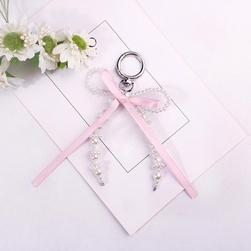 Bowknot Shaped Keychain Pendant Pearls Beaded Butterfly Knot Key Chain Fashionable Bow Ornament for Phones Car Key Bag