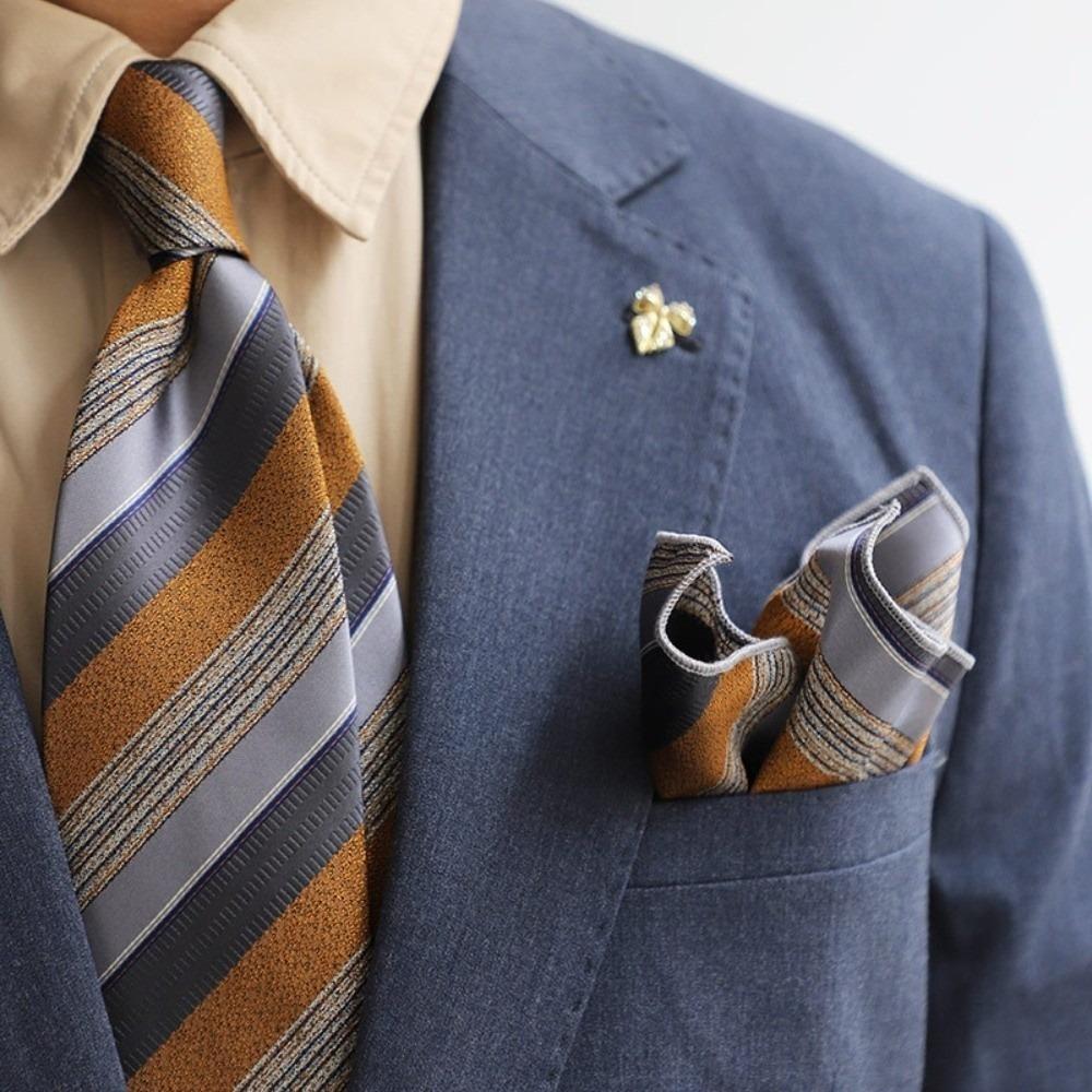 2-Piece Set Narrow Striped Neckties Adjustable Suit Pocket Square Neck Tie Set  Office Wear
