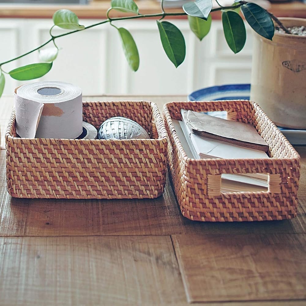 MUJI Rattan Box with Handle, Stackable, Rattan V, Approx. W15 X D22 X H9cm, 47028454, Natural