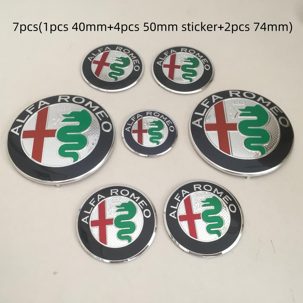 7pcs forAlfa Romeo Car emblem Wheel Cover caps front Hood badge rear Trunk Steering sticker Styling 2x74mm , 4x50mm,1x40mm