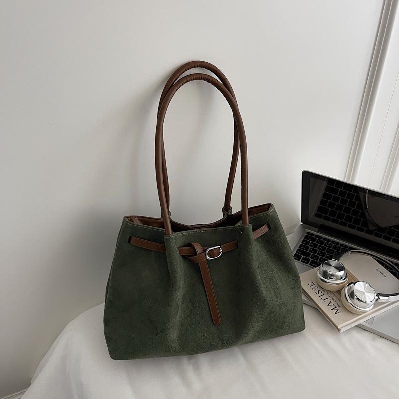 Autumn Suede Tote Bag For Women, Large Capacity Buckle Shoulder Handbag, Casual Work Commuter Purse