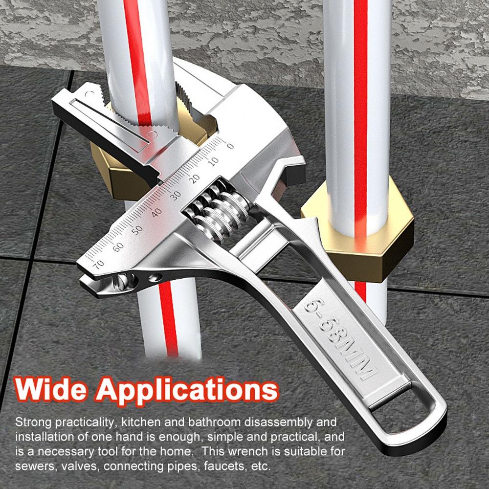 Aluminum Alloy Adjustable Wrench 6-68mm Short Handle Stubby Wrench Silver Wide Jaw Monkey Spanner Bathroom Washbasin Tube