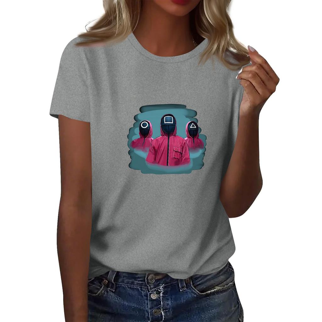 Damen Rundhals Bedrucktes Kurzarm T-Shirt Top