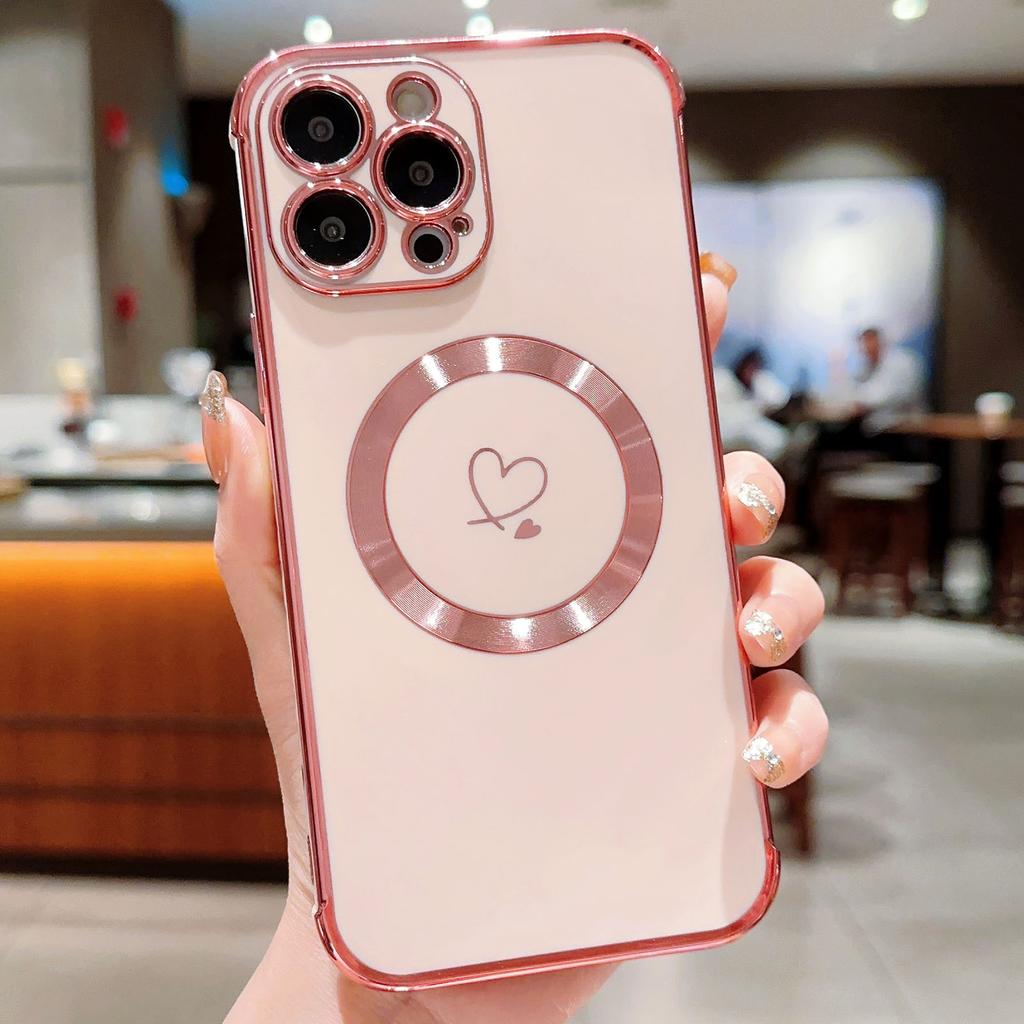 For iPhone 14 Pro Case Compatible with MagSafe Electroplated TPU Phone Cover Hollow Love Hearts