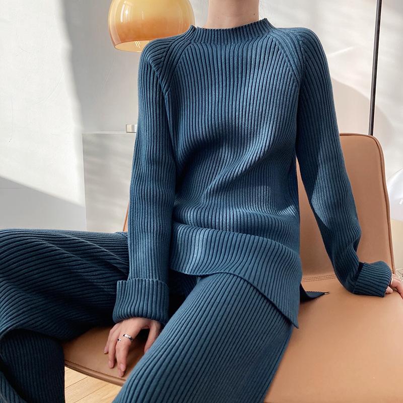 Side Slit Knitted Sweater Women Musilm Sets Warm Trousers Wide-leg Pants Two-piece Suit Elegant Femme Modest Islamic Clothing
