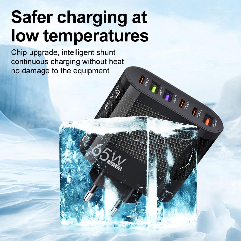 3.5A Multi-Port Charger with 3 Type-C & 3 USB Ports, Compatible with EU, US, UK Plugs