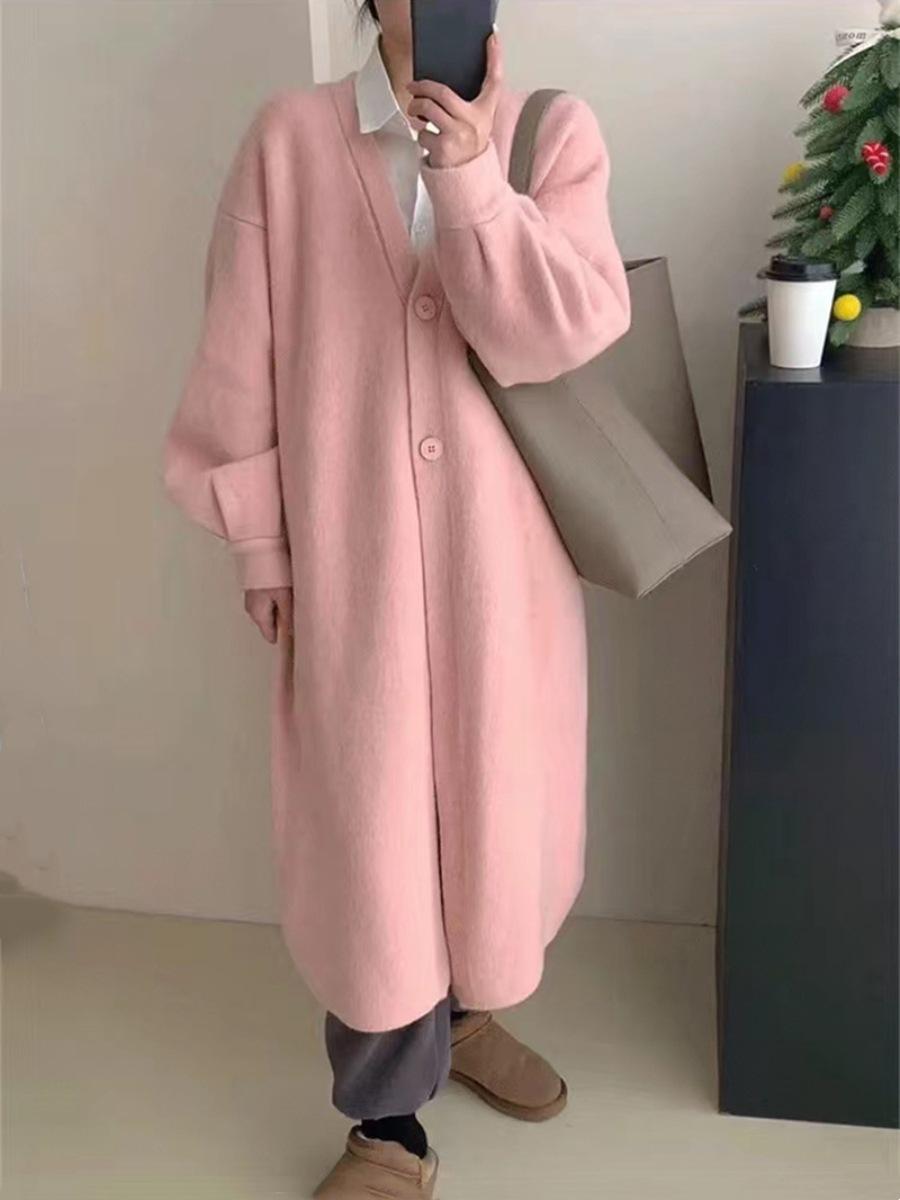 

Женская мода повседневная осень-зима однотонный принт длинный рукав V-образный вырез свитера Size: One Size розовый