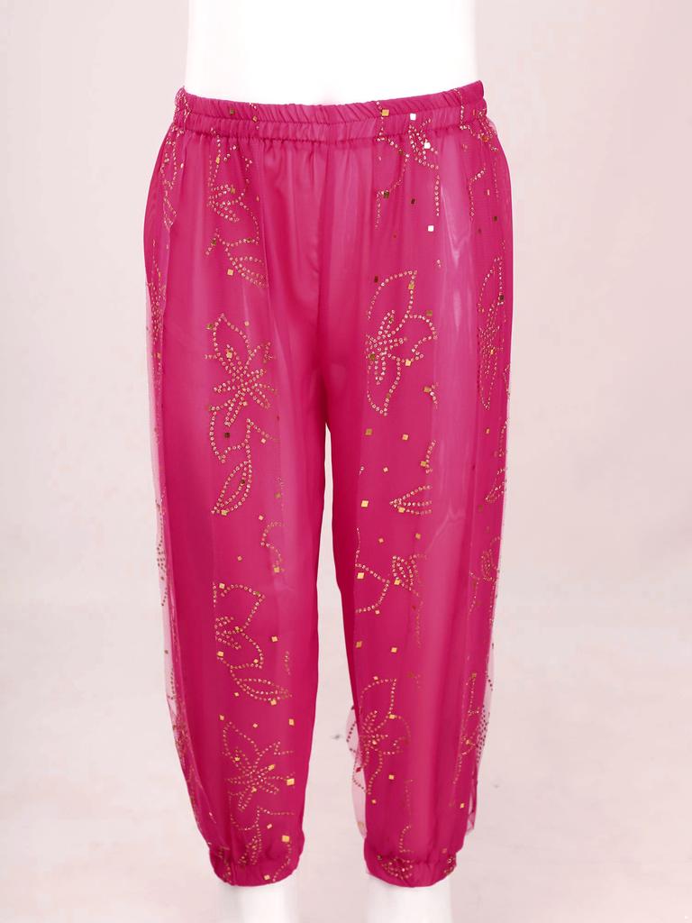 Girls Shiny Floral Print Bloomers Elastic Waist Dance Pants Stage Performance Halloween Costume