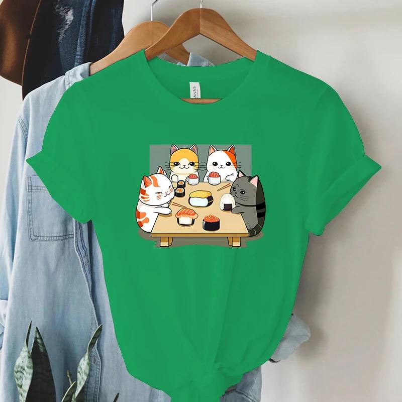 Cat Party Kawaii T Shirt Women Summer Tops Sushi Graphic T Shirts Casual Fashion Tee Shirt Trendy Korean Streetwear Y2k Tees