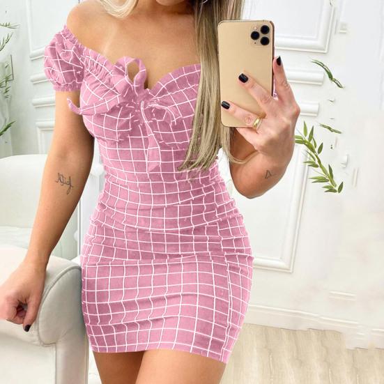 Robe Mini Slim Décor Nœud Papillon Doux Imprimé Carreaux Épaules Dénudées Robe Bodycon Vêtements Féminins
