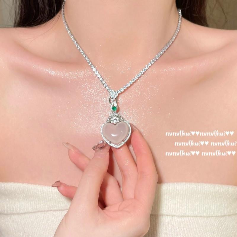 Elegant Heart-Shaped White Chalcedony Necklace With 18K Gold Plating Pink Purple Flower Zircon Bracelet Set