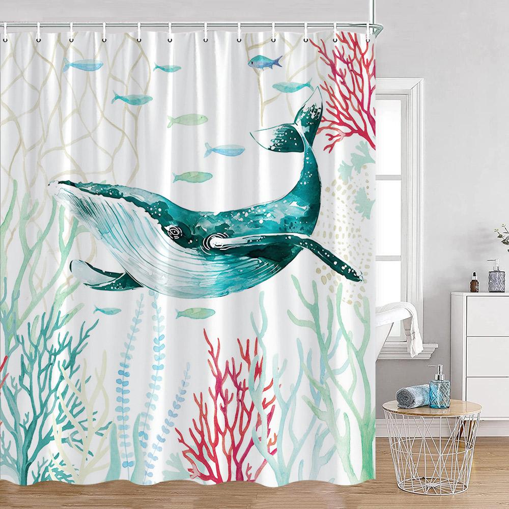 Cartoon Ocean Animals Watercolor Shower Curtains Octopus Turtle Jellyfish Whale Sea Bathroom Decorations Polyester Bath Curtains