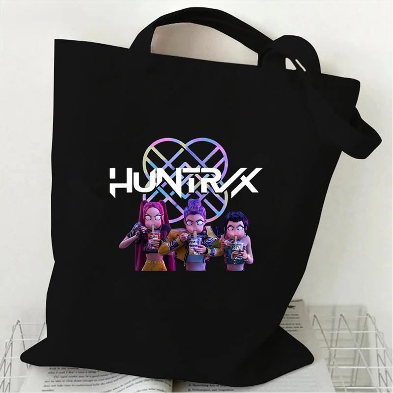 New Kpop Demon Hunters Black White Canvas Bag Saja Boys Anime Print Tote Bag Girls Trendy Lightweight Shoulder Bag