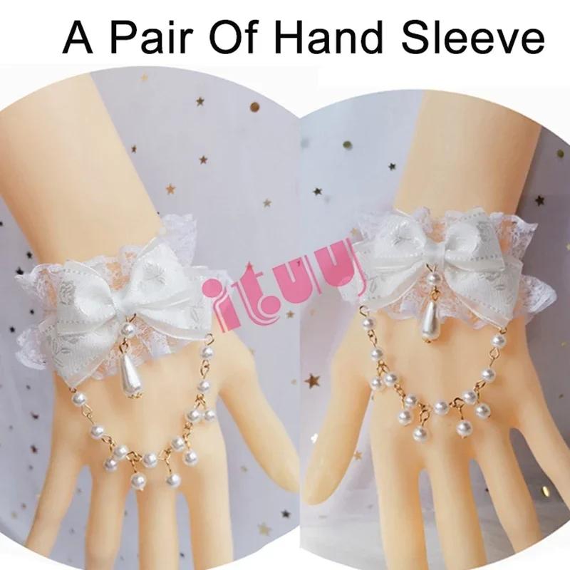 Japanese Kawaii Lolita KC Hand Sleeve Bracelet Red Bowknot Pearl Pendant Lace Hand Sleeve Girl Ornaments Bride Accessories