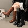 New Women's Retro Brown Hollow Knee High Mid Heel Cowboy Boot Split Cow Leather Slip On Chunky Heel Casual Boots Round Toe Boots