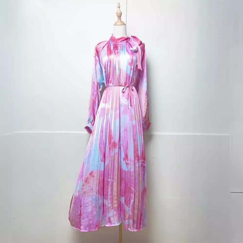 

Women s Retro Print Bow Collar Dress - Autumn Fashion Loose Pleated Skirt Medium