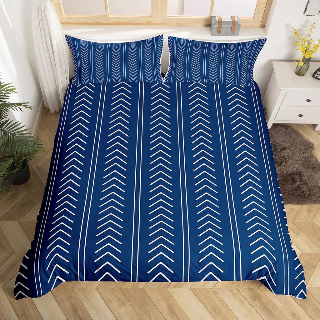 Geometric Modern Duvet Cover King Queen Black Gray Blue Comforter Cover with 2 Pillowcases Retro Stripes Geometry Bedding Set