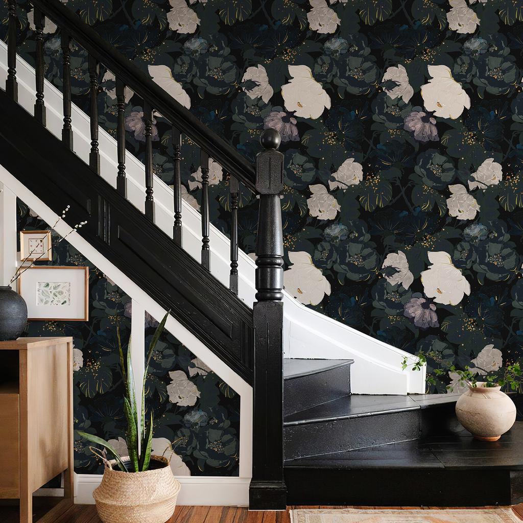 Dark Black Peel And Stick Floral Wallpaper Traditional Festival Vinyl Wall Decor White Flower Self Adhesive Cabinet Sticker