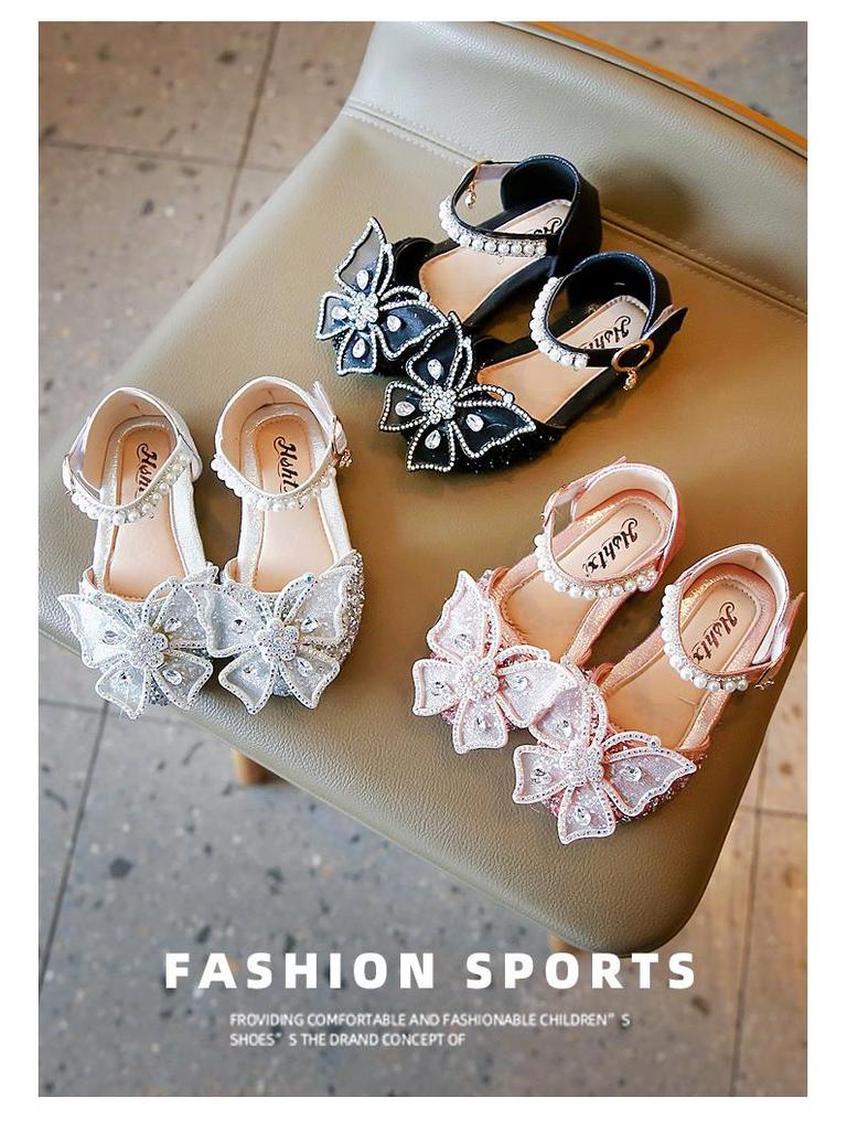 2026 Spring/Summer Girls' Korean Style Elegant Princess Shoes with Rhinestone Bow and Soft Sole