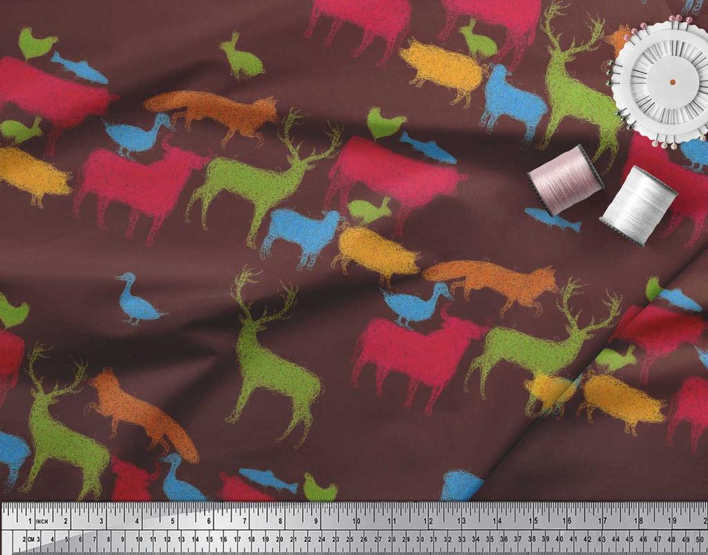 Soimoi Japan Crepe Satin Fabric Birds & Animals Hand Drawn Print Fabric by Metre 42 Inch