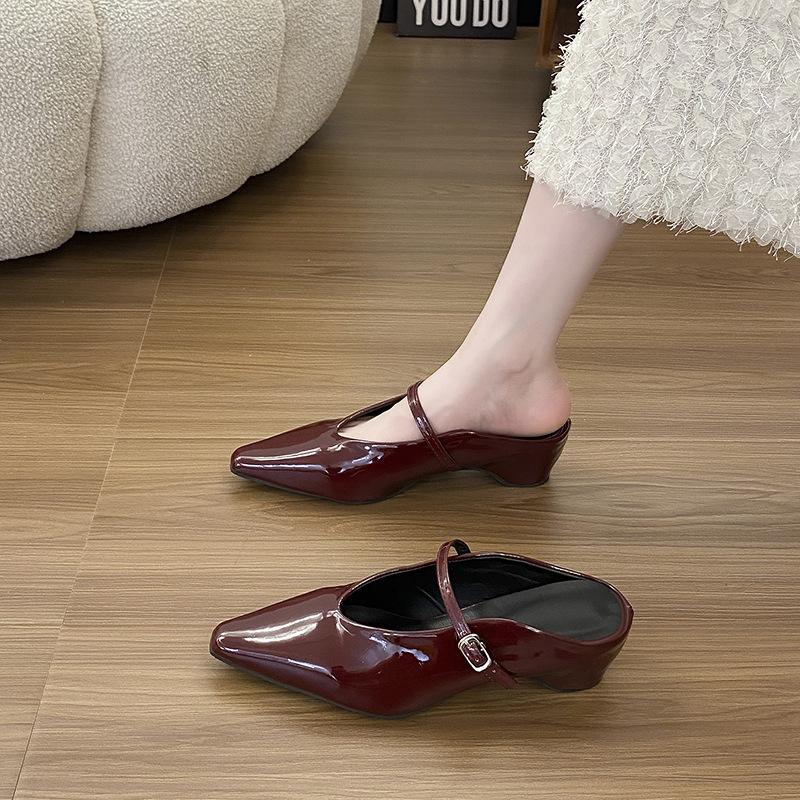 

pointed head half drag 2025 single shoe bag head drag shallow mouth buckle one word, increase height within 5cm in spring and summer, new black 40 бордовый