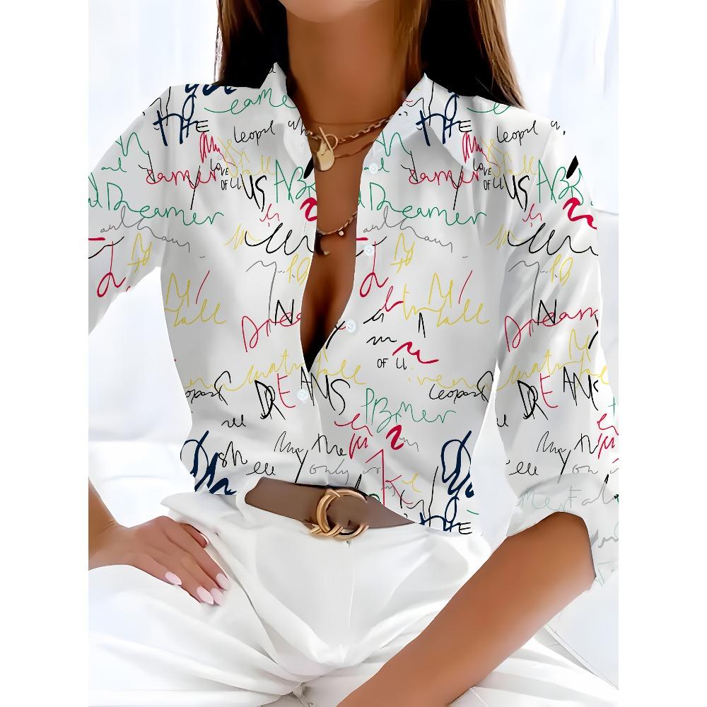 Ladies Elegant Long Sleeve Shirt - Color Letter Print, Single Breasted, Casual Chic Style