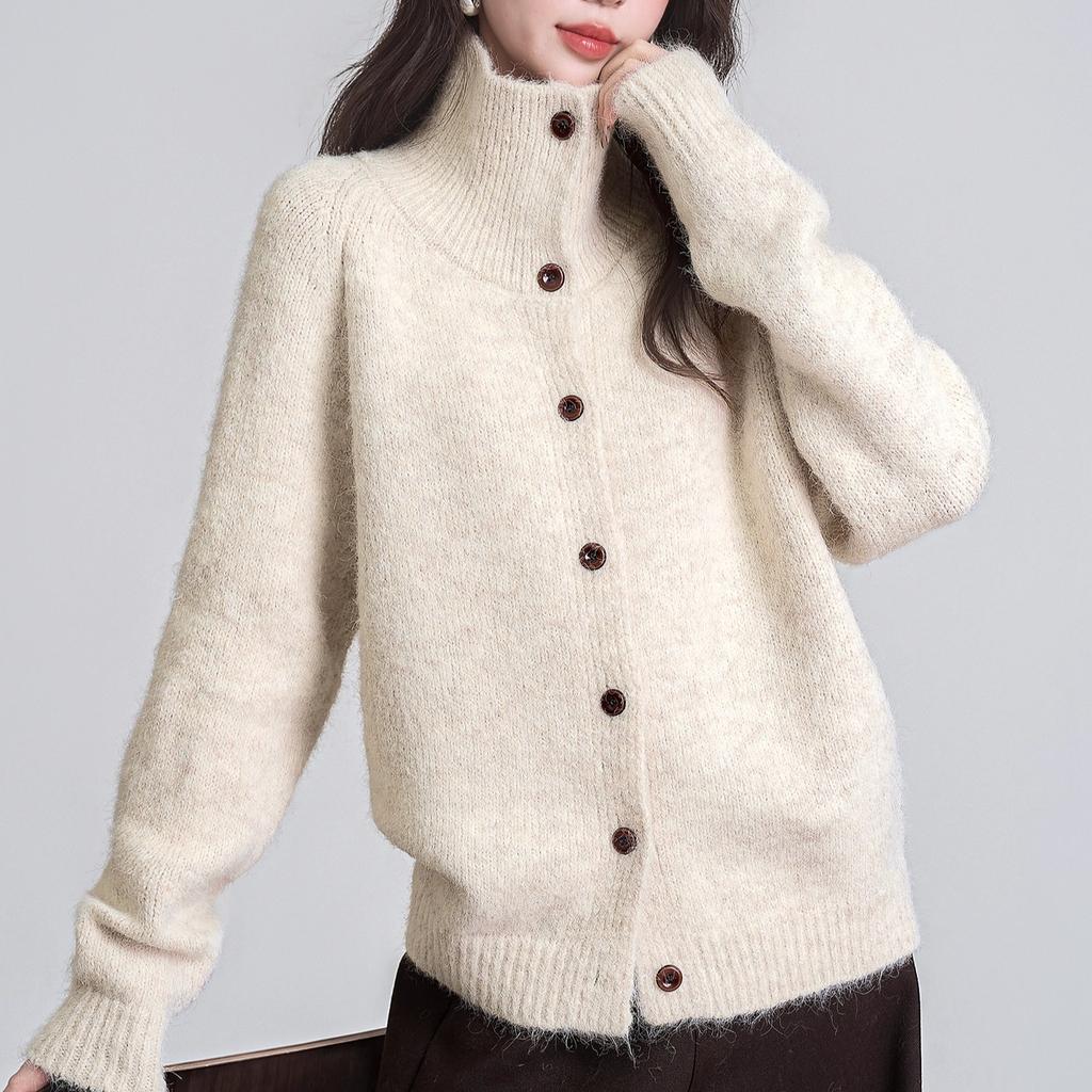 DIMANAF 2025 Sweaters Buttons Turtleneck Solid Beige Cardigan Autumn Women Knitting Loose