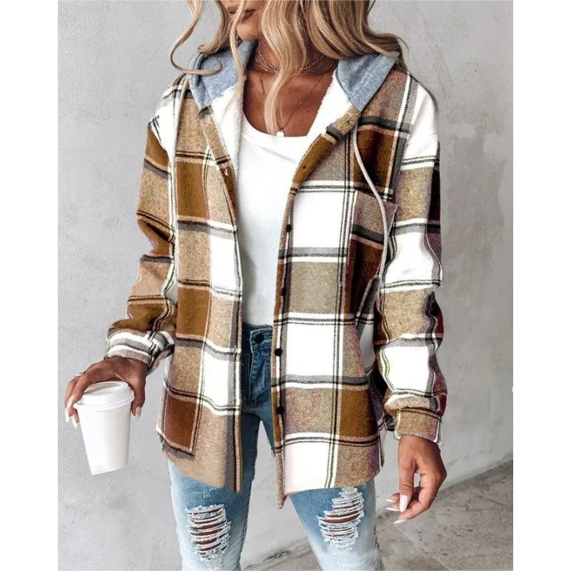 TIFICY Women's Fashion Casual Plaid Print Autumn Winter Long Sleeve Hooded Jackets & Coats
