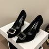 Fashion 35-43 Fashion Wedges Shoes Women Black Sexy High Heels Pointed Toe Square Buckle Rhinestone Career Work Shoes Tacones Mujer