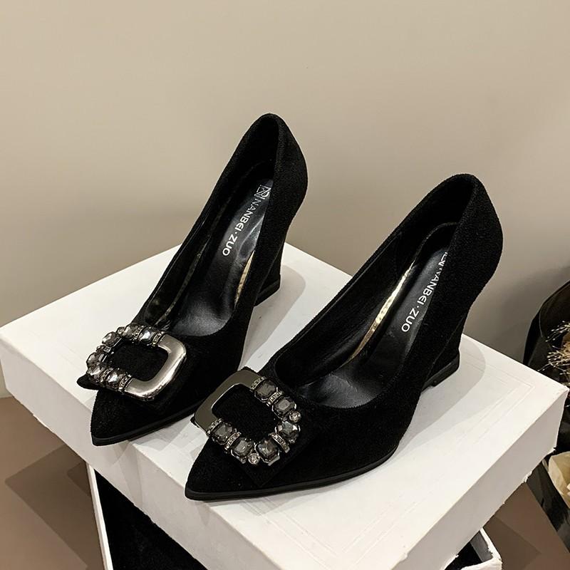Fashion 35-43 Fashion Wedges Shoes Women Black Sexy High Heels Pointed Toe Square Buckle Rhinestone Career Work Shoes Tacones Mujer