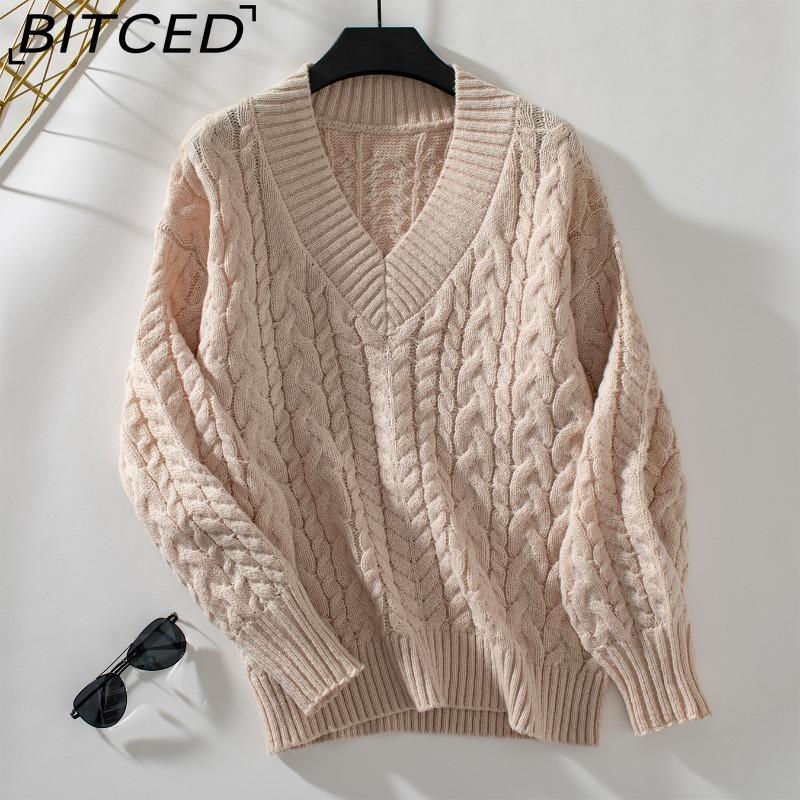 

BITCED Autumn/Winter Women s Knitted Sweater Loose-fit Pullover Retro Cable-knit V-neck Long-sleeved Solid-colour Jumper XL