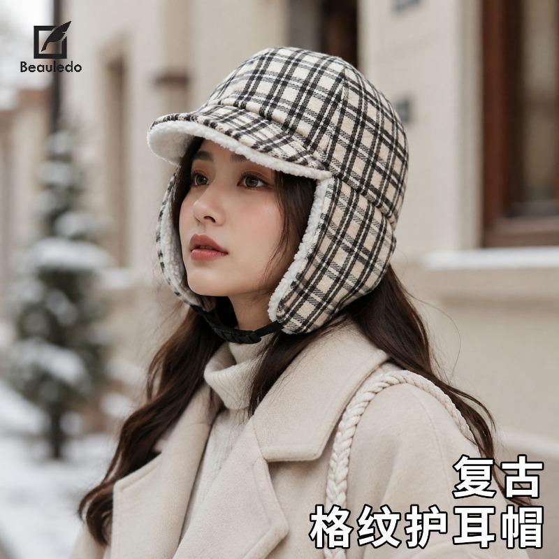 Women Retro Lamb Fleece Plush Earflap Hat Large Head Size Warm Riding Cap