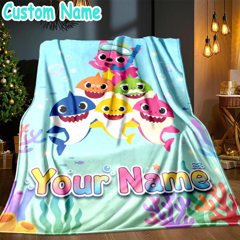 Custom Name Cartoon Shark Throw Blanket - Perfect for Couch, Bed, Office, and outdoor Travel - Ideal Gift for Christmas & Holidays