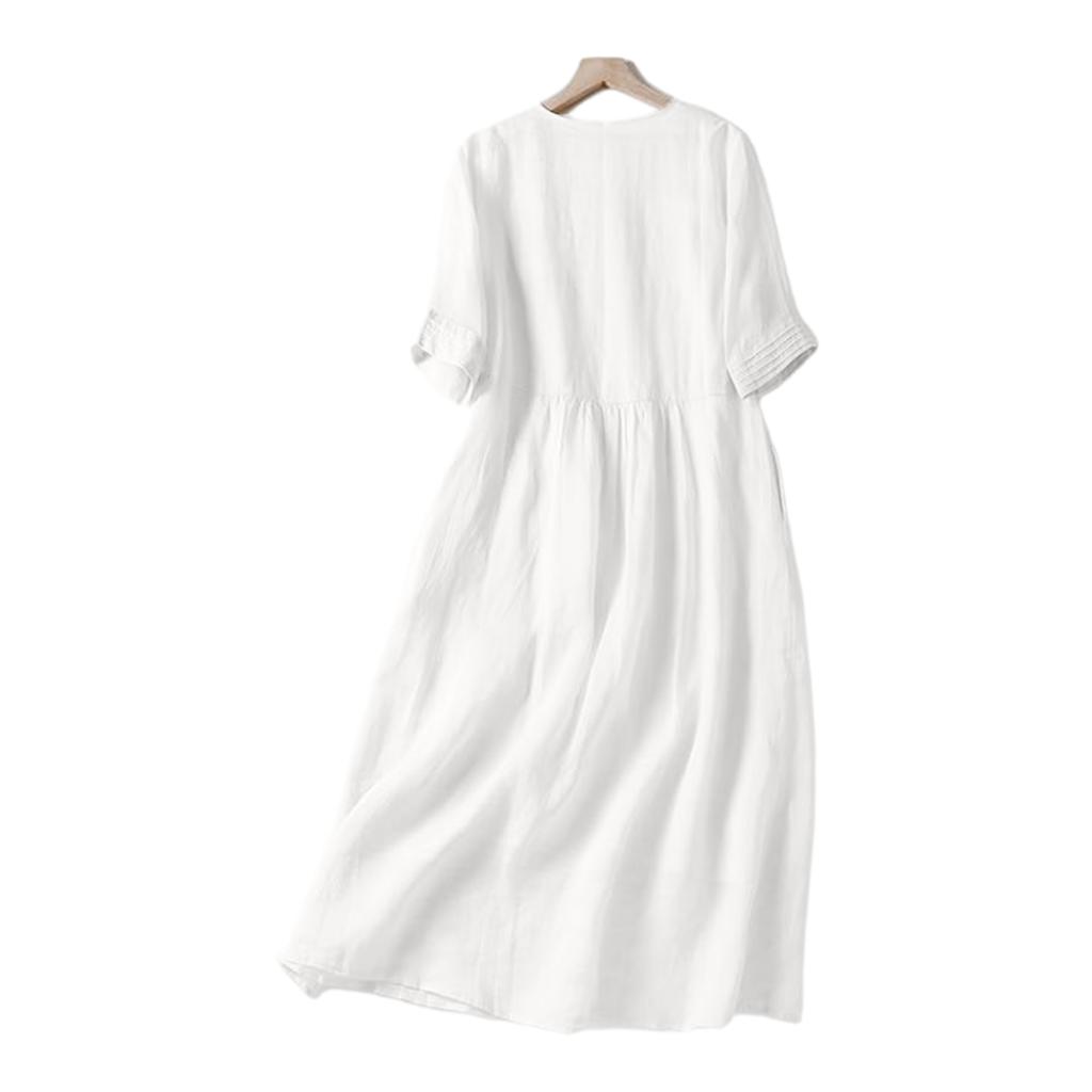 Vintage-Stil Akkordeonfalten Kleid V-Ausschnitt Leinenmischung Langes Kleid Damen Leicht Atmungsaktiv Freizeit Locker Sitzendes Kleid
