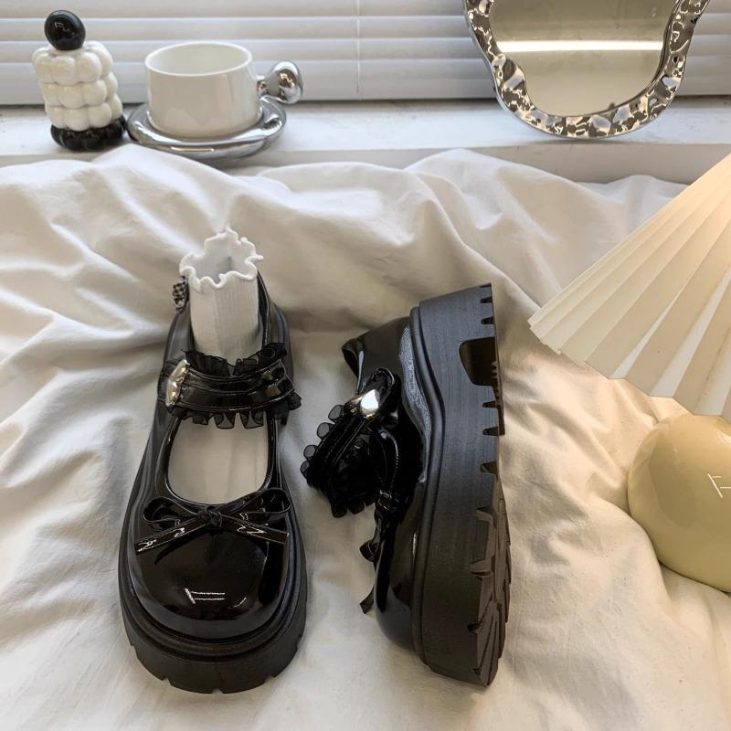 Fashion Retro Bow Platform Small Leather Shoes Women's New Autumn Round Toe Shallow Mouth Hundred Matching Skirt Mary Jane Shoes