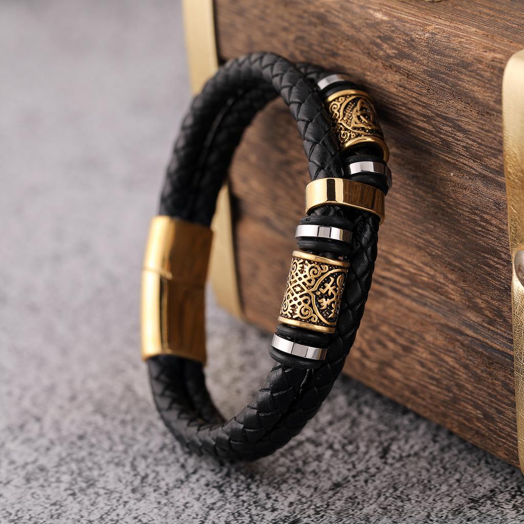 Nordic Viking Bracelet Stainless Steel Gold Double Strip Leather Braided Bracelet Multi Layer Leather Bracelet Jewelry