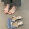Designer Summer Butterfly-knot Lace Women Slippers Casual Thick Low Heel Dress Street Style Slides
