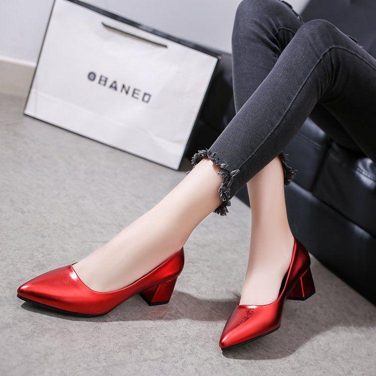 Fashion Pointed Toe Square Heels Women's Shoes with Medium Block Heel Shallow Ladies Footwear Formal Red Chunky Lastest Elegant Dress A