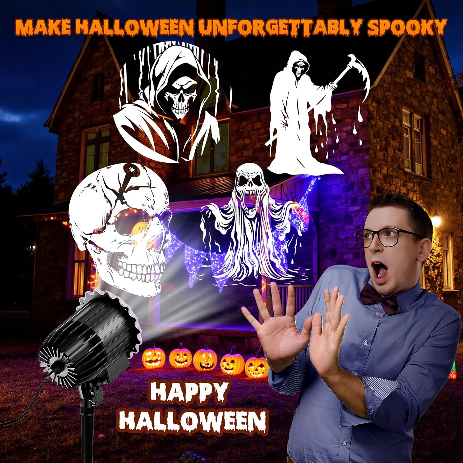 Fussion Halloween Projector Lights Outdoor, 2025 3D-Dynamic Ghost Projector Halloween with 4 HD Haunted Patterns, Waterproof Skull Halloween Decor