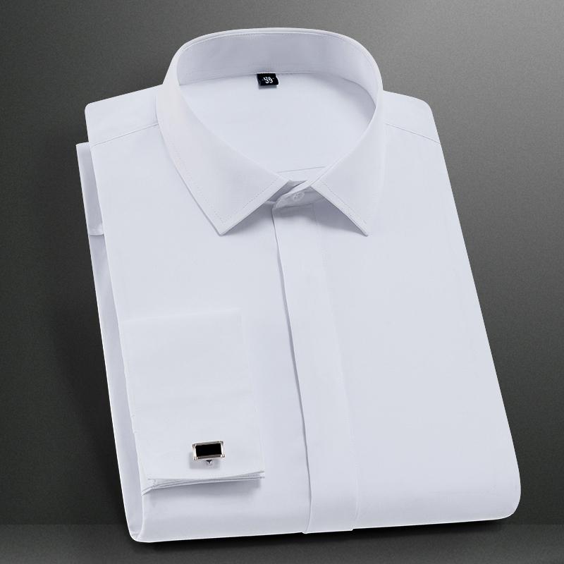 Solid France Cufflinks Men Dress Shirts Long Sleeve Slim Fit