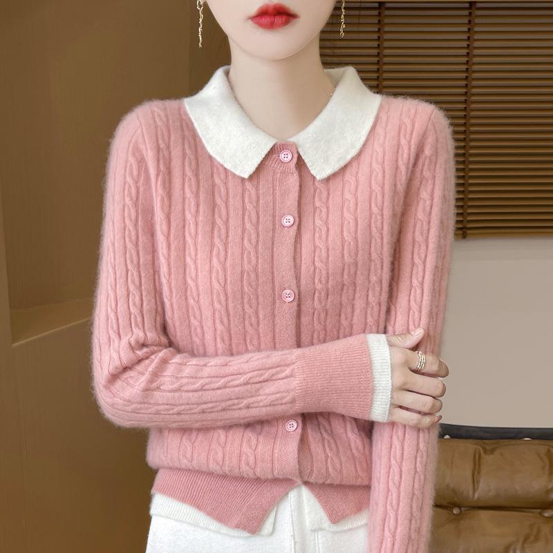 2024 Autumn/Winter Women's Korean Color Block Wool Cardigan - Slim Fit, Versatile, Stylish Lapel Knit Sweater.