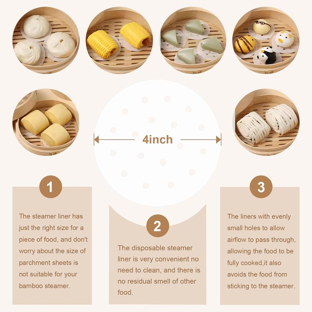 400pcs Air Fryer Liners, 4 inches Bamboo Steamer Liners, Premium Perforated Parchment Steaming Papers, Non-stick Steamer Mat Liner for Air Fryers