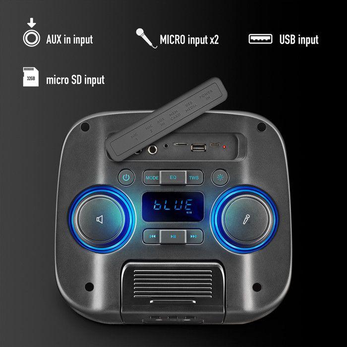 NGS WILD CLUB: 80W sans fil BT/TWS, USB/AUX, laser LED, batterie 6h.