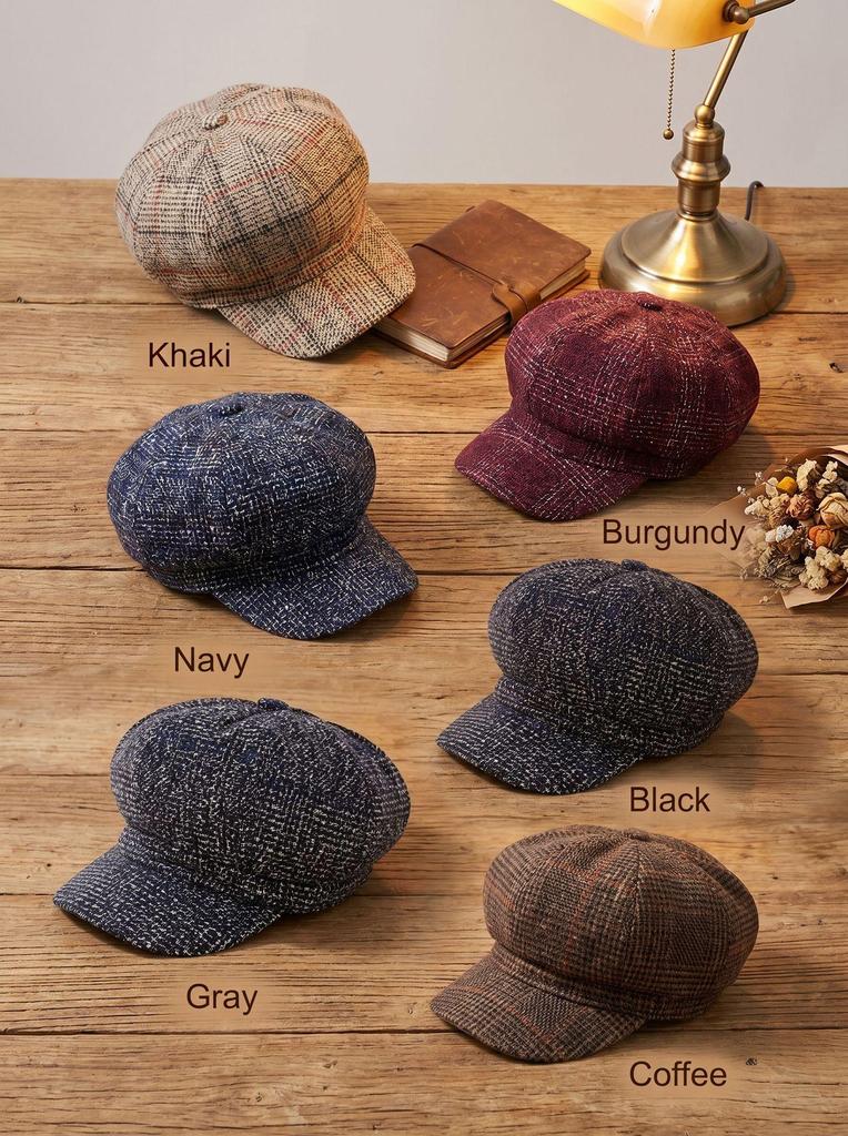 Women's Retro Plaid Wool Beret - Autumn/Winter Versatile Octagonal Hat