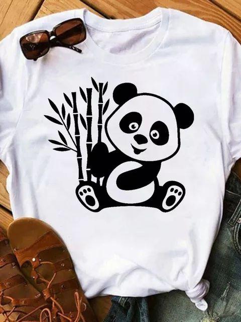 Maycaur Sommer Damen T-Shirt Lockere Oberteile Niedlicher Panda Herz Druck Kurzarm Weiblich Locker Lässig T-Shirt Damen Oberteil Tee