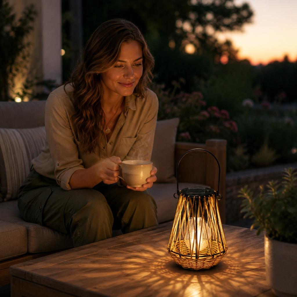 Solar Powered Outdoor Lantern Handwoven Rattan Design Portable Camping Light Garden Landscape Decorative Ambient Lighting with Handle