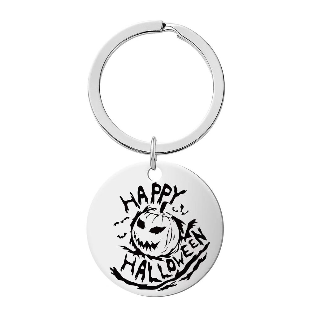 Halloween Keychain Pendant Stainless Steel Laser Engraved Round Tag Hanging Ornament Jewelry Stainless Steel Keychain for Backpack Bag Pendant