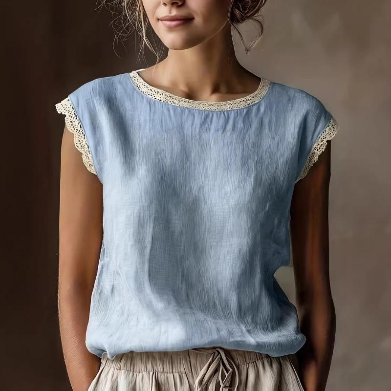 Summer Women's New Loose Solid Color Round Neck Lace Sleeveless Cotton and Linen Shirt