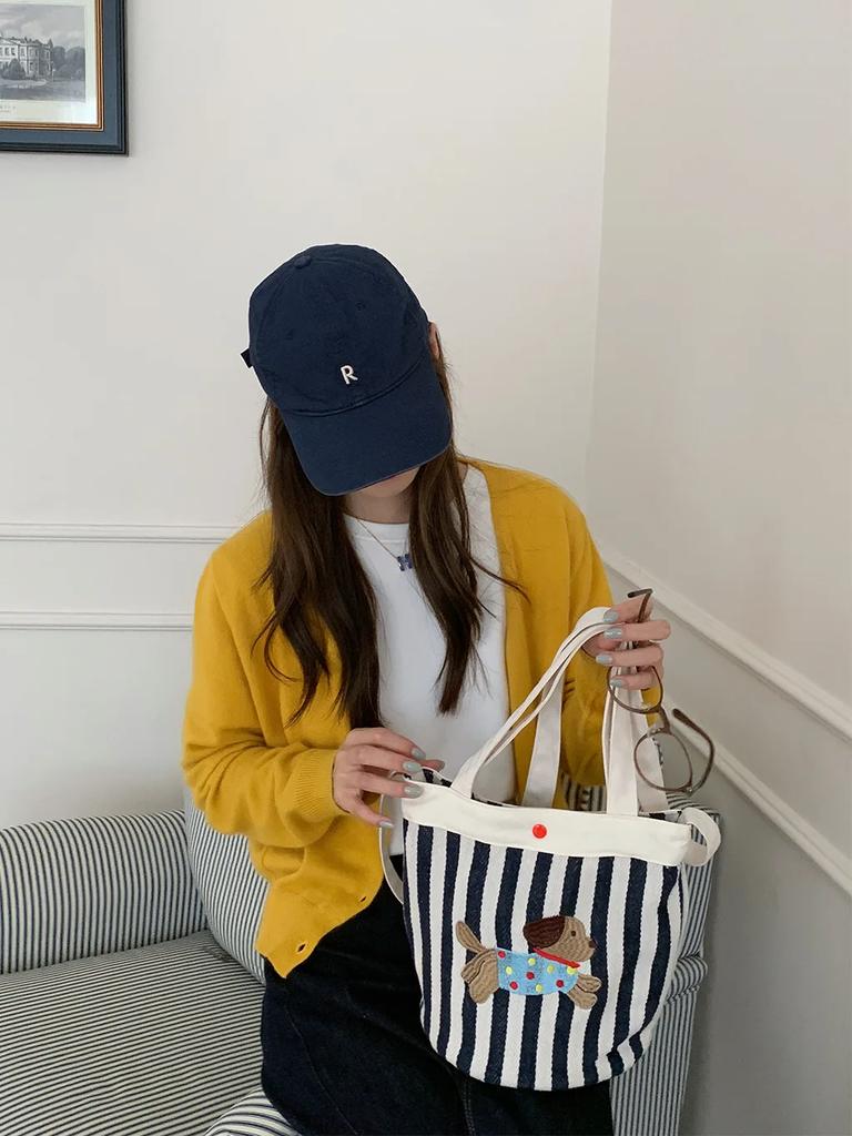 Cartoon Puppy Women's Stripe Bucket Bag Cute Canvas Female Shoulder Crossbody Bags Daily Handheld Bento Bag Girls Purse Handbags